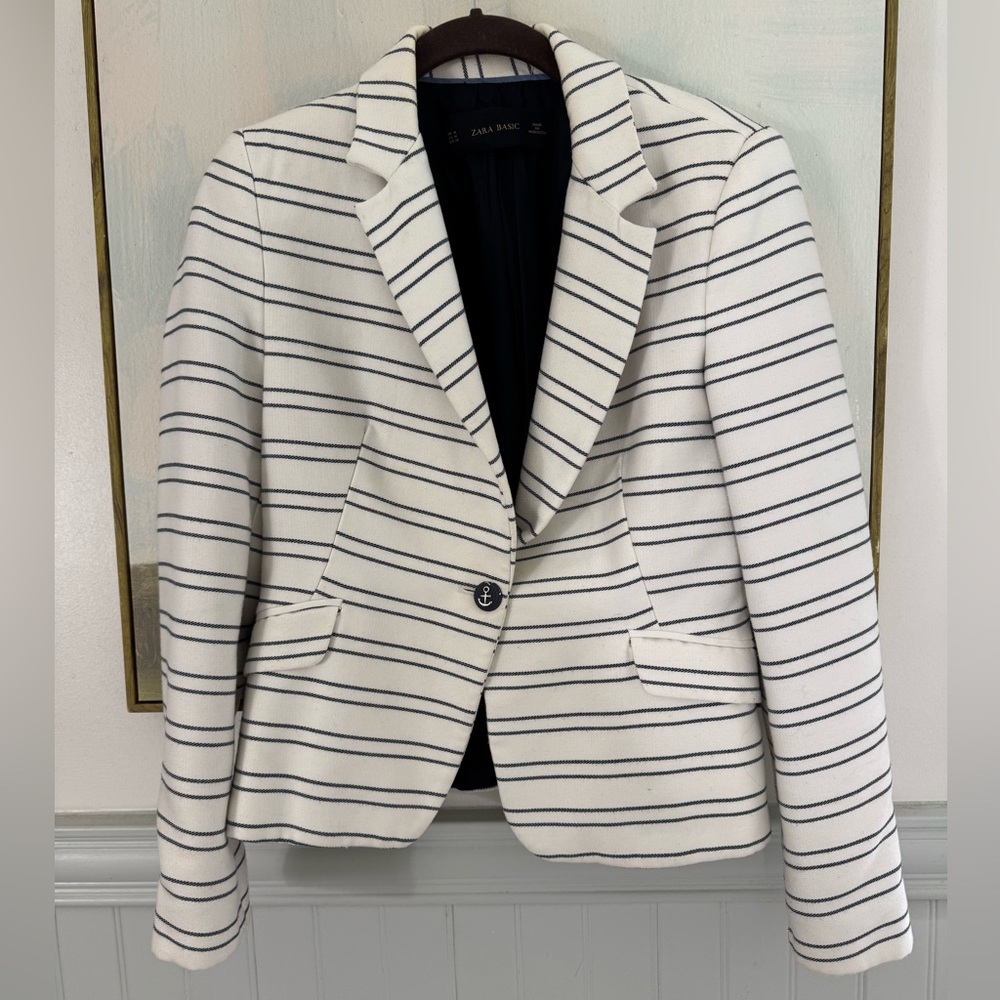 ZARA Basic Navy & White Striped Jacket Blazer Nautical Theme Size Medium